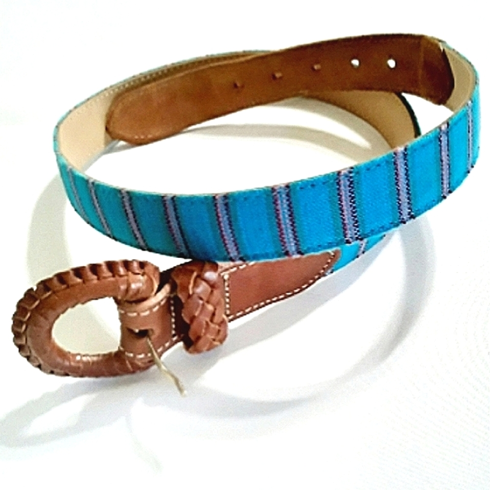 Vintage Leather Belt W/ Fabric Inlay Boho Blue Striped Southwestern Style